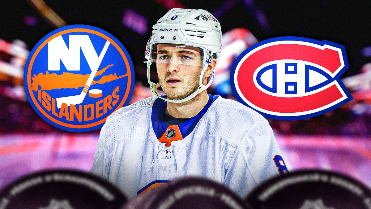 Noah Dobson in middle. Canadiens logo behind to right. Islanders logo behind to left