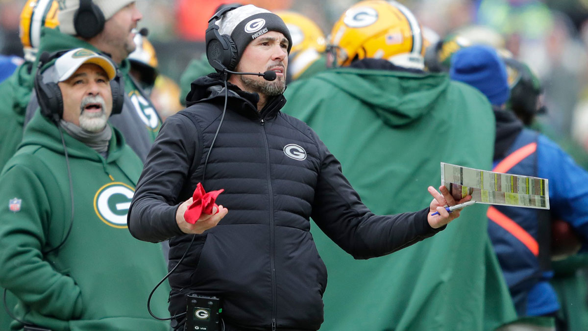 Green Bay Packers coach Matt LaFleur questions a call by the officials during the game against the Chicago Bears on Sunday, January 5, 2025, at Lambeau Field in Green Bay, Wisconsin.