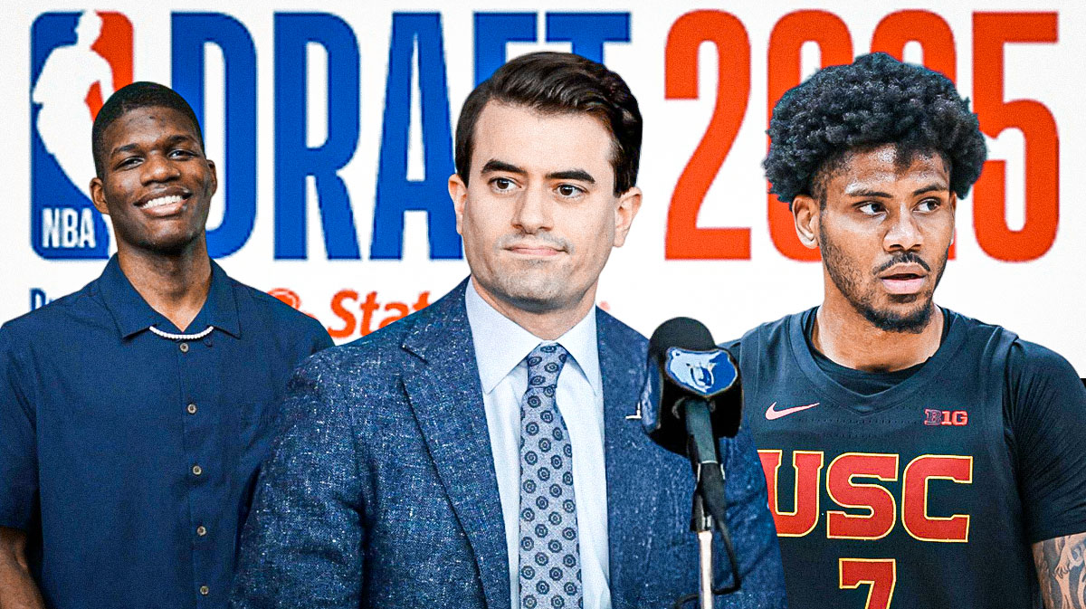 Grizzlies EVP Zach Kleiman, Cedric Coward (Washington St.), Chibuzo Agbo (Southern Cal), 2025 NBA Draft Logo