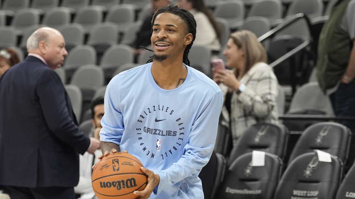 Memphis Grizzlies guard Ja Morant (12) warms up before a game against the San Antonio Spurs at Frost Bank Center