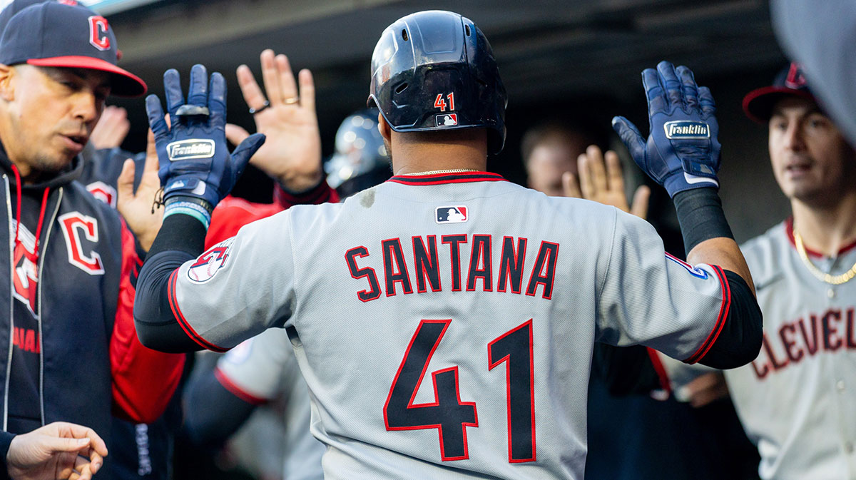 Cleveland Guardians first base Carlos Santana (41) celebrates scoring a run during the fourth inning against the San Francisco Giants at Oracle Park.