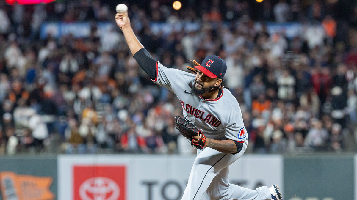Cleveland Guardians pitcher Emmanuel Clase (48) throws a pitch during the ninth inning against the San Francisco Giants at Oracle Park.