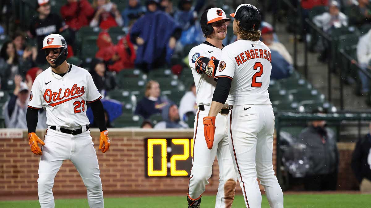 Baltimore Orioles outfielder Ryan O'Hearn (32) celebrates with Baltimore Orioles shortstop Gunnar Henderson (2) after hitting a home run during the fifth inning.