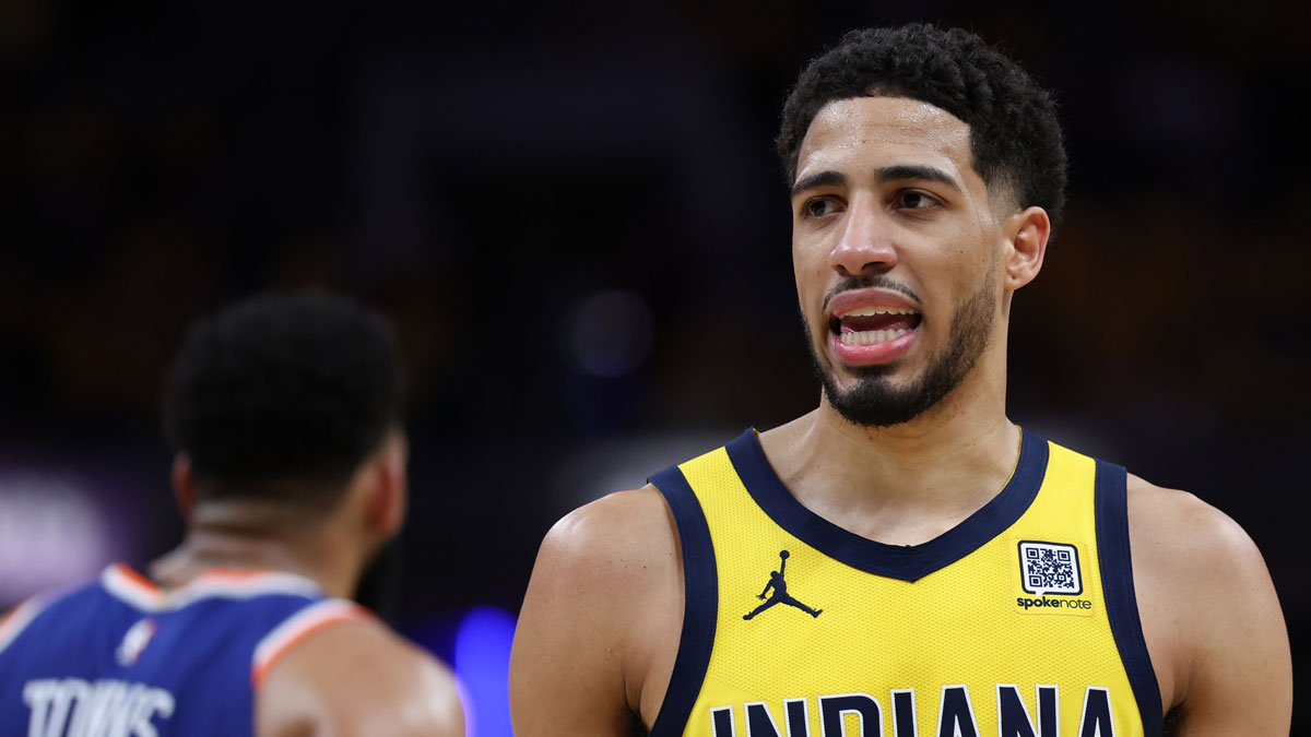 Indiana Pacers guard Tyrese Haliburton (0) looks on in the third quarter during game six of the eastern conference finals against the New York Knicks for the 2025 NBA Playoffs at Gainbridge Fieldhouse.