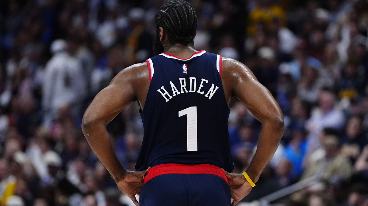 LA Clippers guard James Harden (1) during the fourth quarter against the Denver Nuggets during game five of the first round for the 2025 NBA Playoffs at Ball Arena.