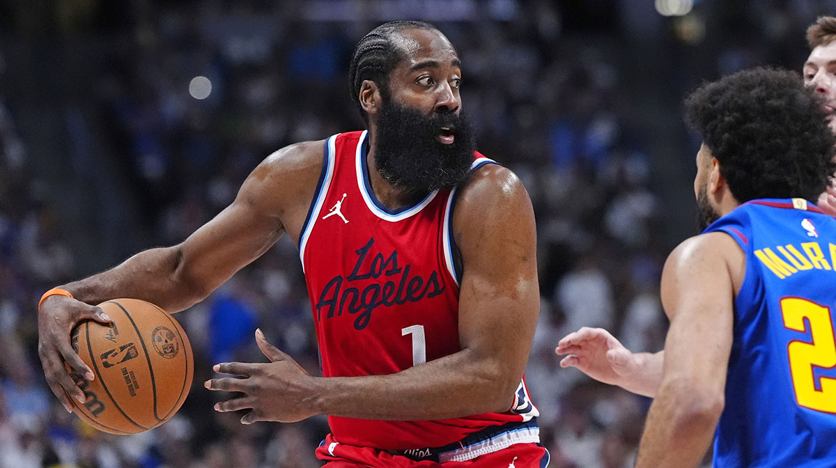 LA Clippers guard James Harden (1) prepares to pass the ball in the second quarter against the Denver Nuggets during game seven of first round for the 2025 NBA Playoffs at Ball Arena.