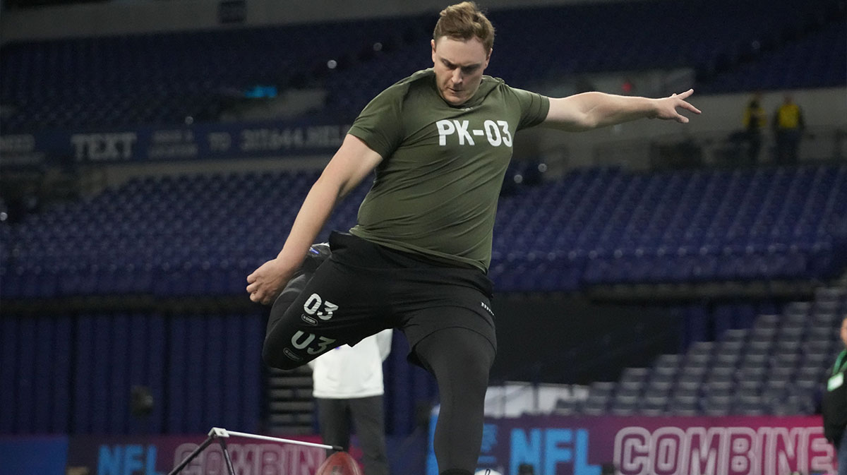 Mar 3, 2024; Indianapolis, IN, USA; Missouri place kicker Harrison Mevis (PK03) during the 2024 NFL Combine at Lucas Oil Stadium. Mandatory Credit: Kirby Lee-Imagn Images