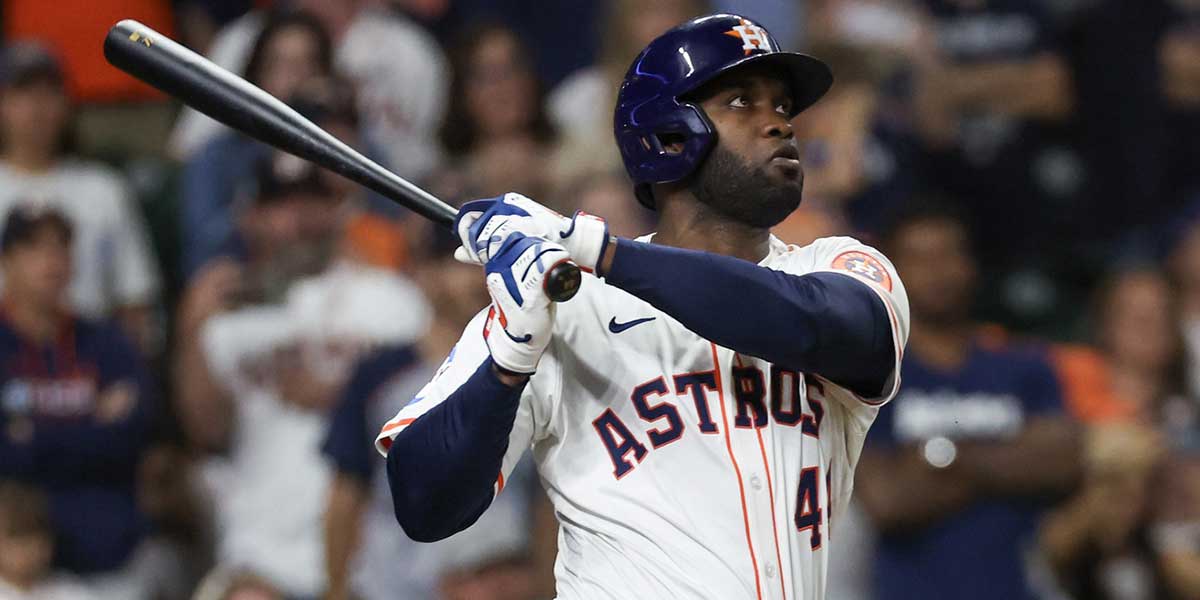 Houston Astros left fielder Yordan Alvarez (44) hits a RBI sacrifice against the San Diego Padres in the fifth inning at Daikin Park.
