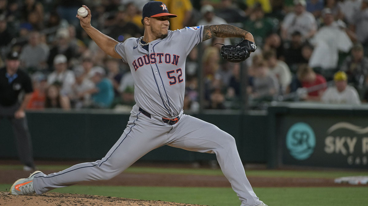 Houston Astros pitcher Bryan Abreu (52) throws a pitch against the Athletics during the ninth inning at Sutter Health Park.