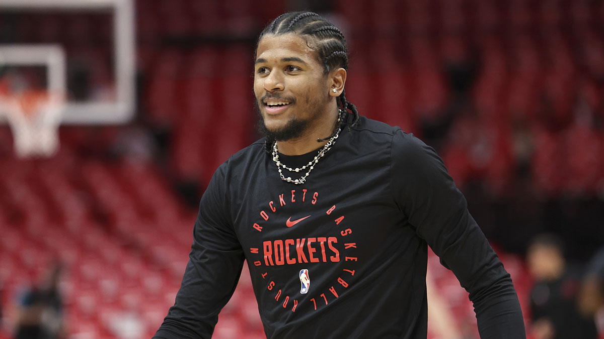 Houston Rockets guard Jalen Green (4) on the court before game seven of first round for the 2025 NBA Playoffs against the Golden State Warriors at Toyota Center.