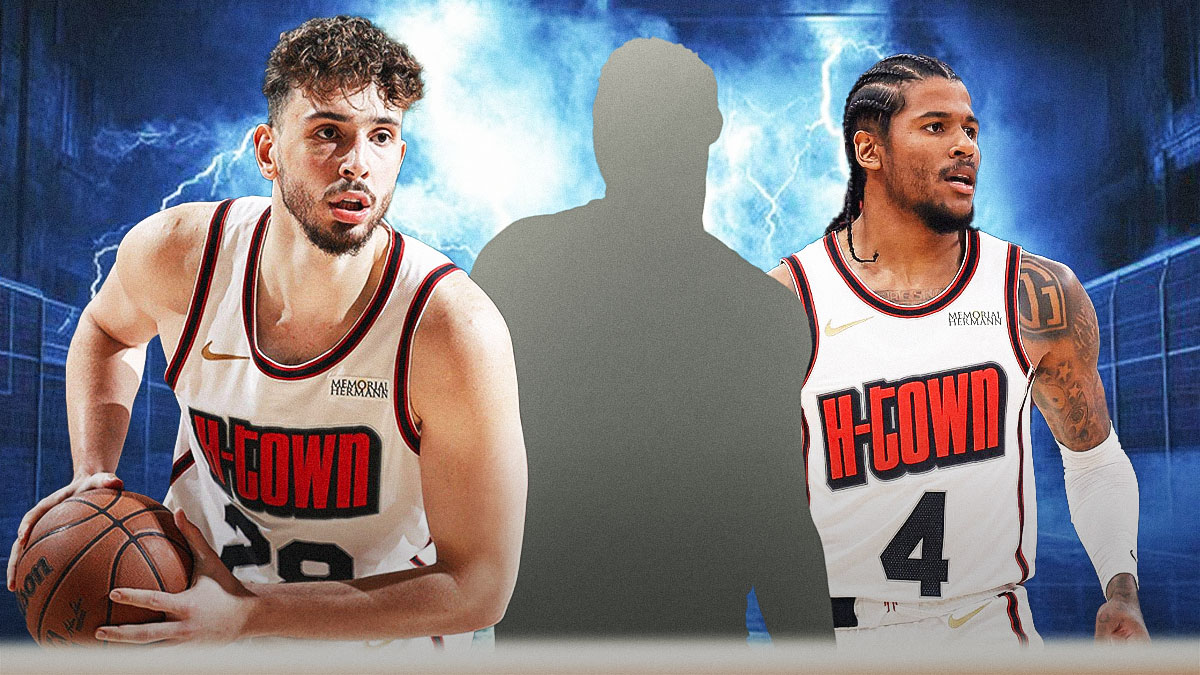 Mystery player in the middle, Alperen Sengun and Jalen Green around him, Blue lightning in the background