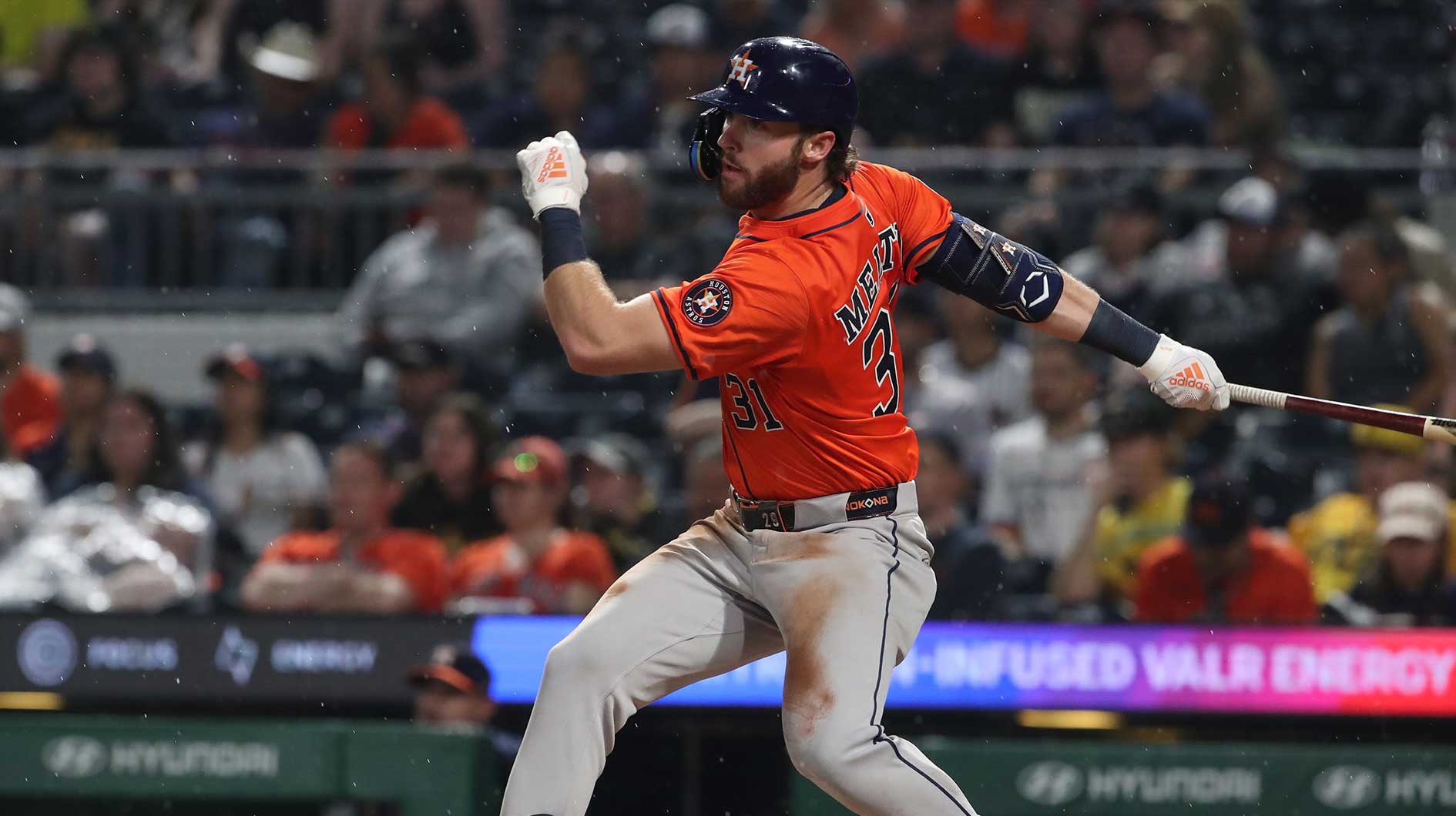 Houston Astros left fielder Jacob Melton (31) hits a single against the Pittsburgh Pirates during the seventh inning at PNC Park.