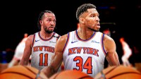 Giannis Antetokounmpo in a Knicks jersey with Jalen Brunson