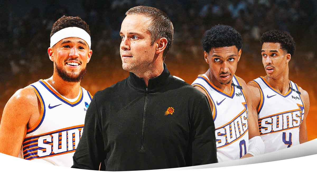 Jordan Ott in a Phoenix Suns uniform, with Devin Booker, Ryan Dunn, and Oso Ighodaro next to him.