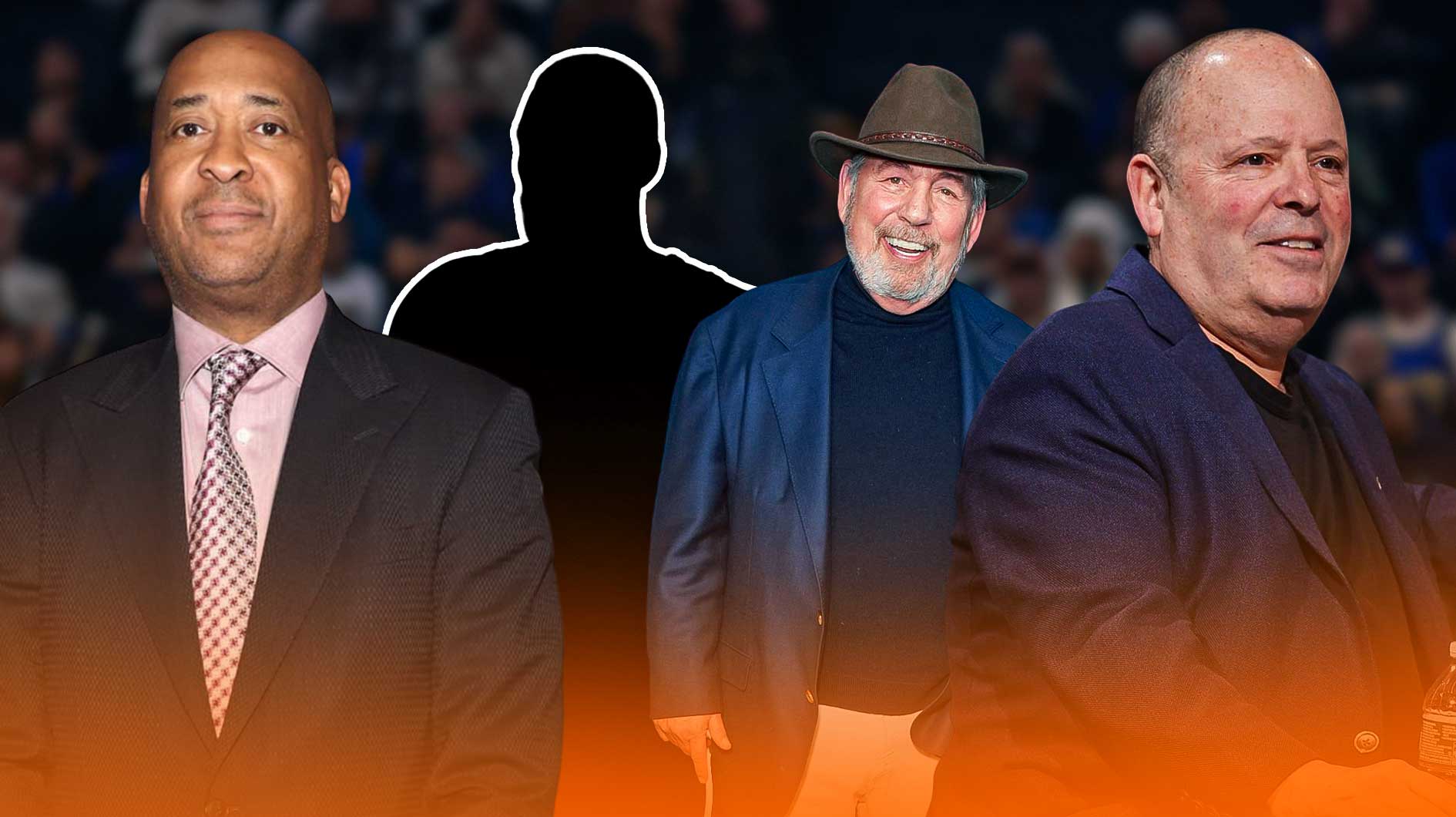 Leon Rose, William Wesley, James Dolan with blacked-out silouhettes around them and Madison Square Garden behind them and an orange stripe