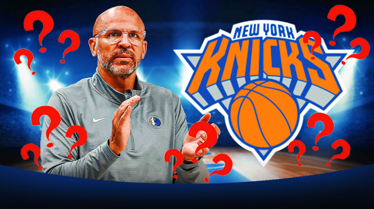 Mavericks Jason Kidd on left. New York Knicks 2025 logo on right. Question marks all over image.