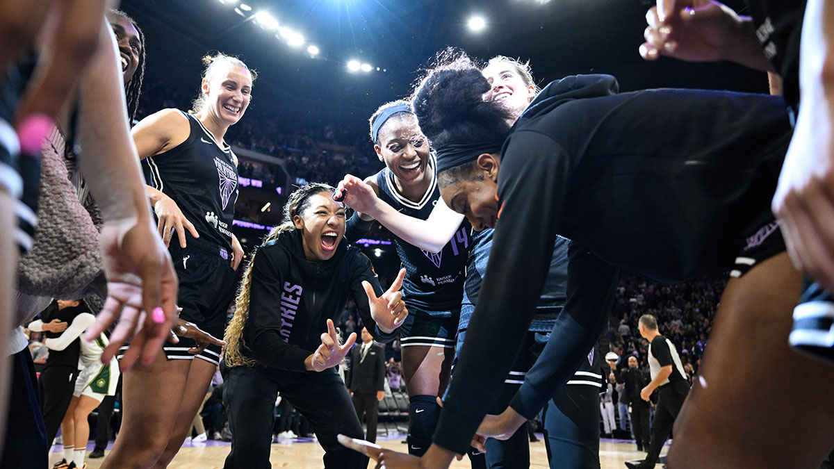 The Golden State Valkyries celebrate their win over the Seattle Storm at Chase Center.
