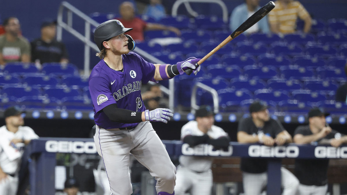 Colorado Rockies catcher Hunter Goodman (15) watches his home run against the Miami Marlins during the fifth inning at loanDepot Park