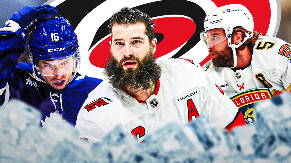 Brett Burns (in center), Mitch Marner, and Aaron Ekblad on the sides. Hurricanes logo. Hurricanes dream, hurricanes free agency, nhl free agency