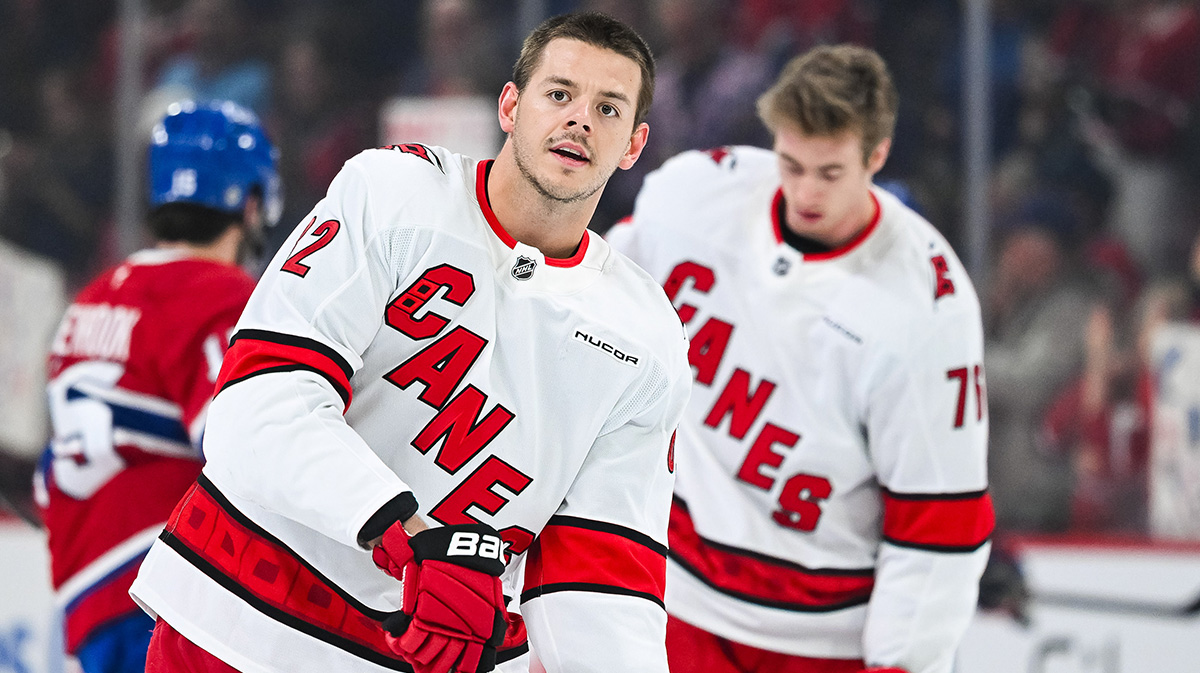 Carolina Hurricanes center Jesperi Kotkaniemi (82) looks on in warm-up before the game against the Montreal Canadiens at Bell Centre.