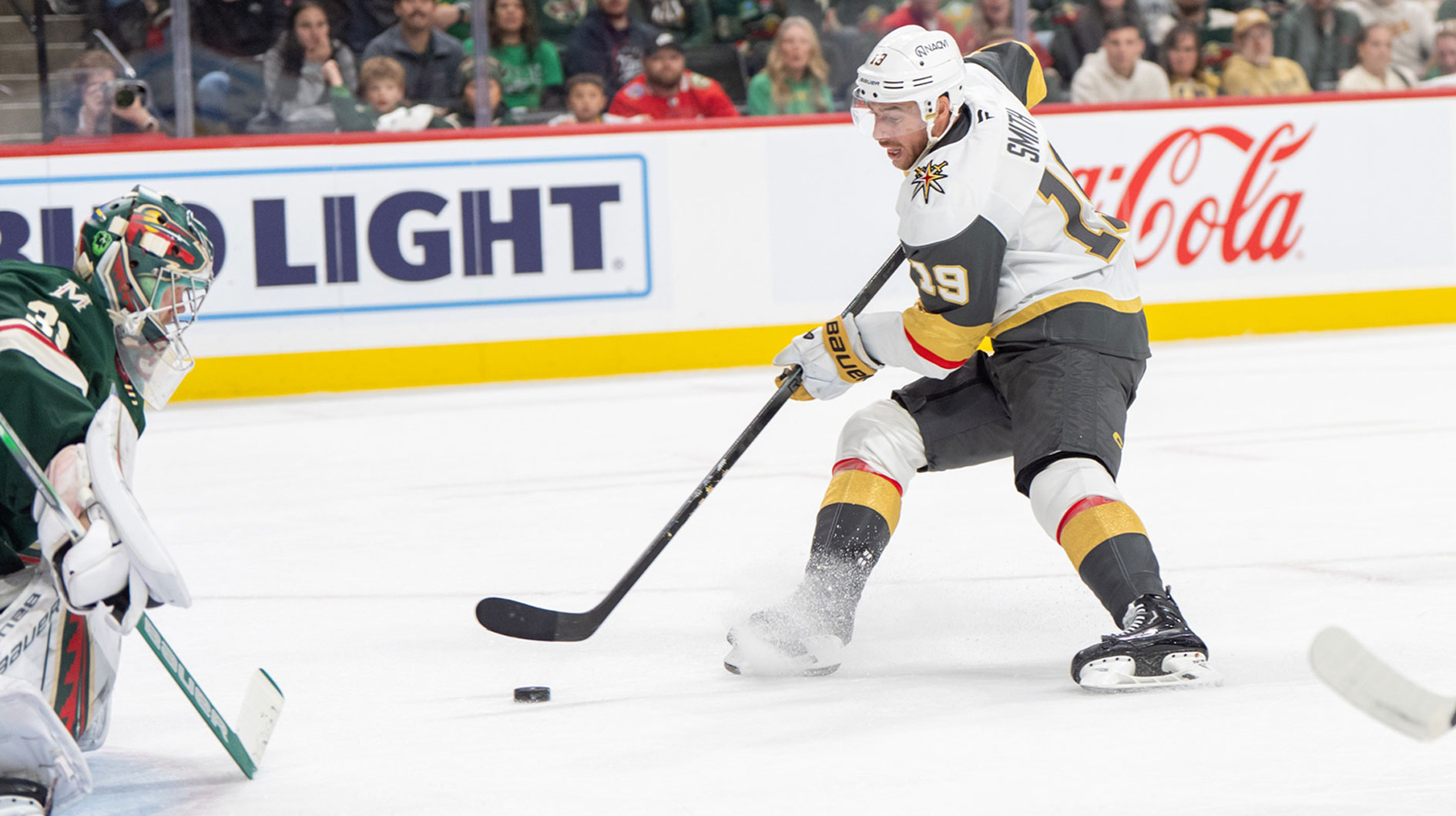 Vegas Golden Knights right wing Reilly Smith (19) scores on Minnesota Wild goaltender Filip Gustavsson (32) in the third period in game three of the first round of the 2025 Stanley Cup Playoffs at Xcel Energy Center.