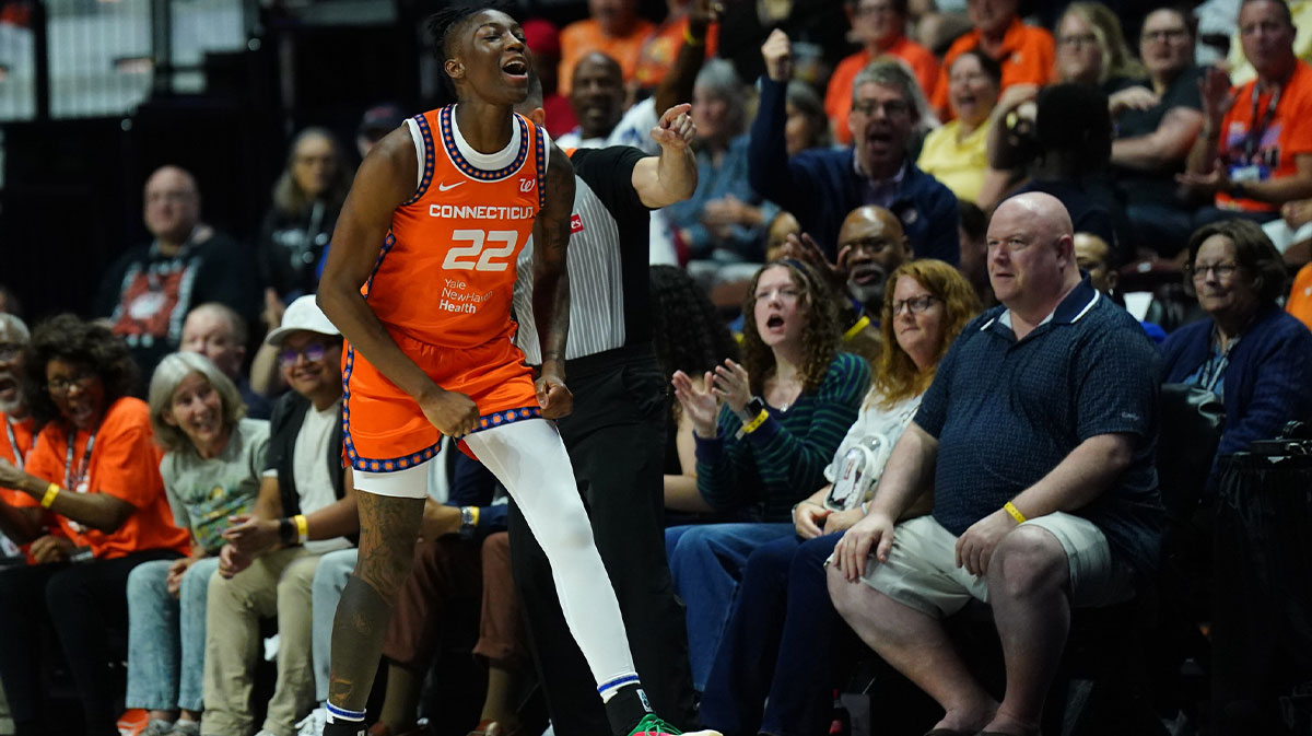 Jun 6, 2025; Uncasville, Connecticut, USA; Connecticut Sun guard Saniya Rivers (22) reacts after a play against the Atlanta Dream in the second half at Mohegan Sun Arena. Mandatory Credit: David Butler II-Imagn Images