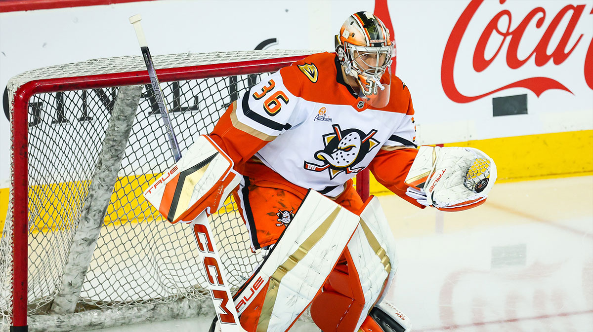 Anaheim Ducks goaltender John Gibson (36) guards his net during the warmup period against the Calgary Flames at Scotiabank Saddledome.