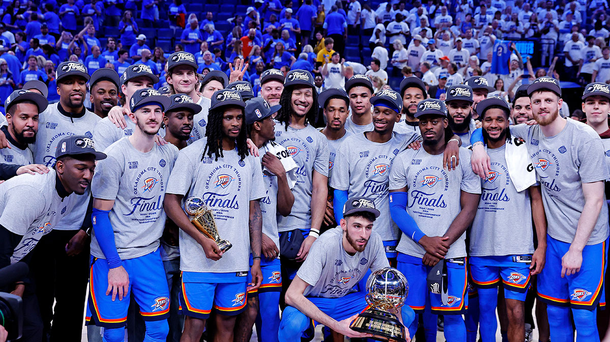 The Oklahoma City Thunder celebrates after beating the Minnesota Timberwolves in game five to win the western conference finals for the 2025 NBA Playoffs at Paycom Center.
