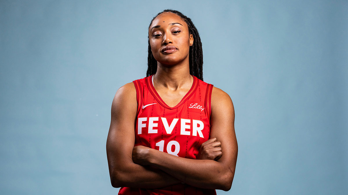 Indiana Fever guard Jaelyn Brown poses for a photo Wednesday, April 30, 2025, during the Indiana Fever media day at Gainbridge Fieldhouse in Indianapolis.
