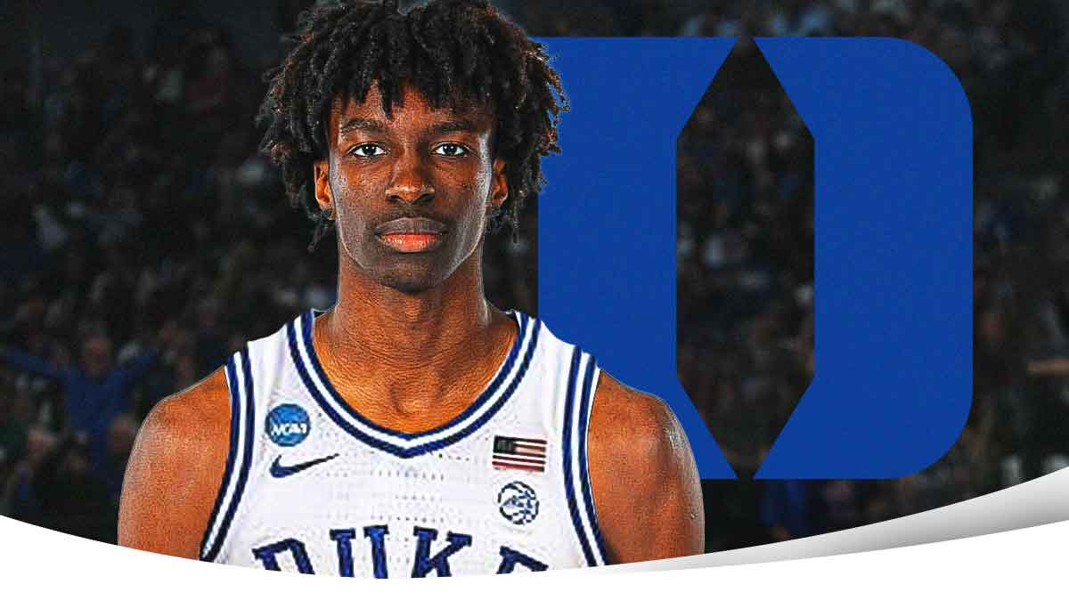 Basketball player Dame Sarr in a Duke Blue Devils jersey with the Duke Blue Devils logo in the background, freshman