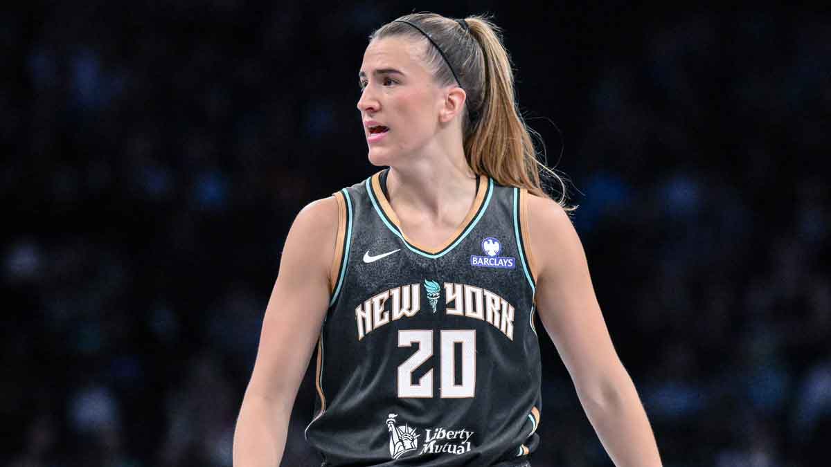 New York Liberty guard Sabrina Ionescu (20) during the first half against the Golden State Valkyries at Barclays Center.