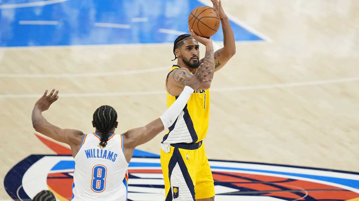 Indiana Pacers forward Obi Toppin (1) shoots the ball against the Oklahoma City Thunder during the fourth quarter in game one of the 2025 NBA Finals at Paycom Center.