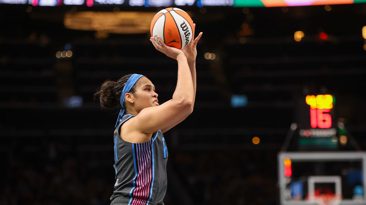 Atlanta Dream forward Brionna Jones (24) shoots against the Indiana Fever in the first half at State Farm Arena.