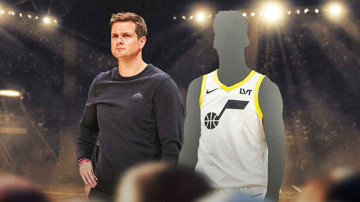 Utah Jazz coach Will Hardy alongside a shadowy player in an Utah Jazz jersey, NBA Draft pick