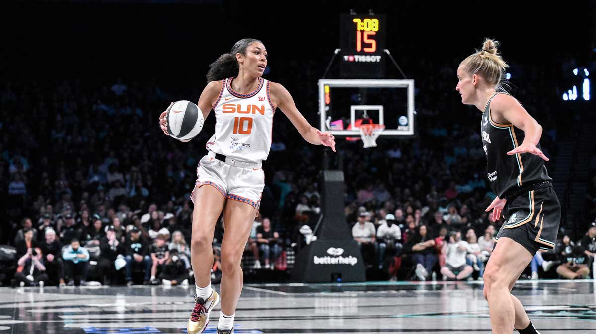 Connecticut Sun forward Olivia Nelson-Ododa (10) looks to pass the ball as New York Liberty forward Leonie Fiebich (13) defends during the first half at Barclays Center.