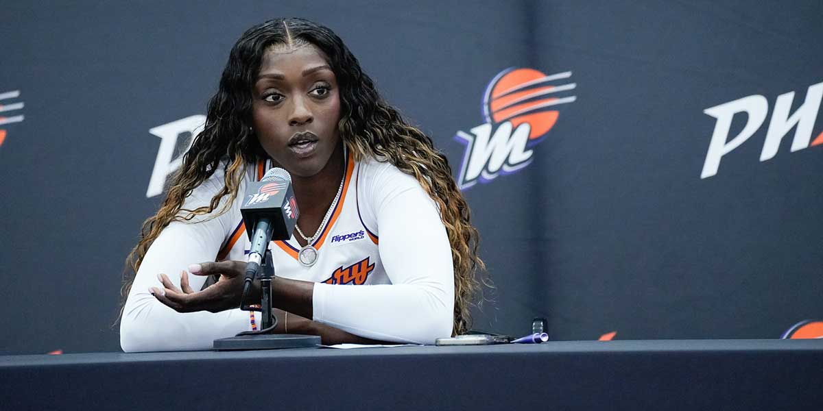 Kahleah Copper takes questions from reporters at Phoenix Mercury Media Day on April 30, 2025, in Phoenix.