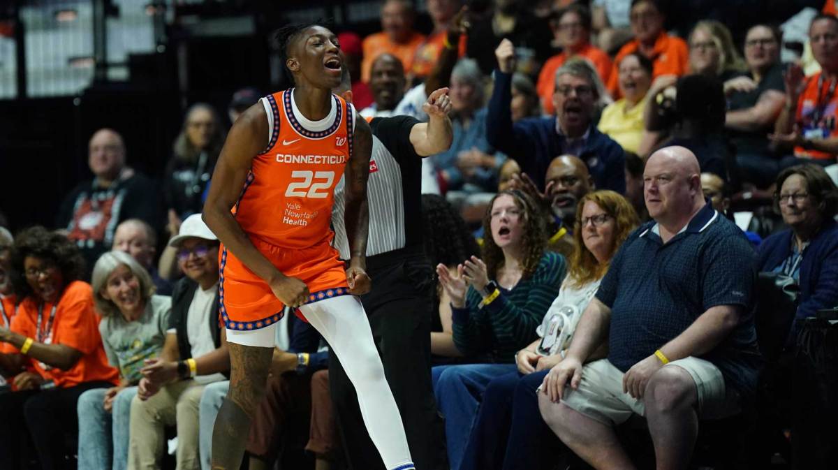 Connecticut Sun guard Saniya Rivers (22) reacts after a play against the Atlanta Dream in the second half at Mohegan Sun Arena.