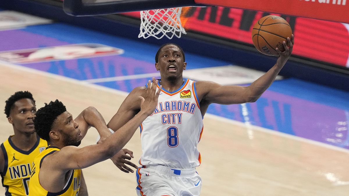 Oklahoma City Thunder forward Jalen Williams (8) shoots against Indiana Pacers center Tony Bradley (13) during the third quarter of game five of the 2025 NBA Finals at Paycom Center.