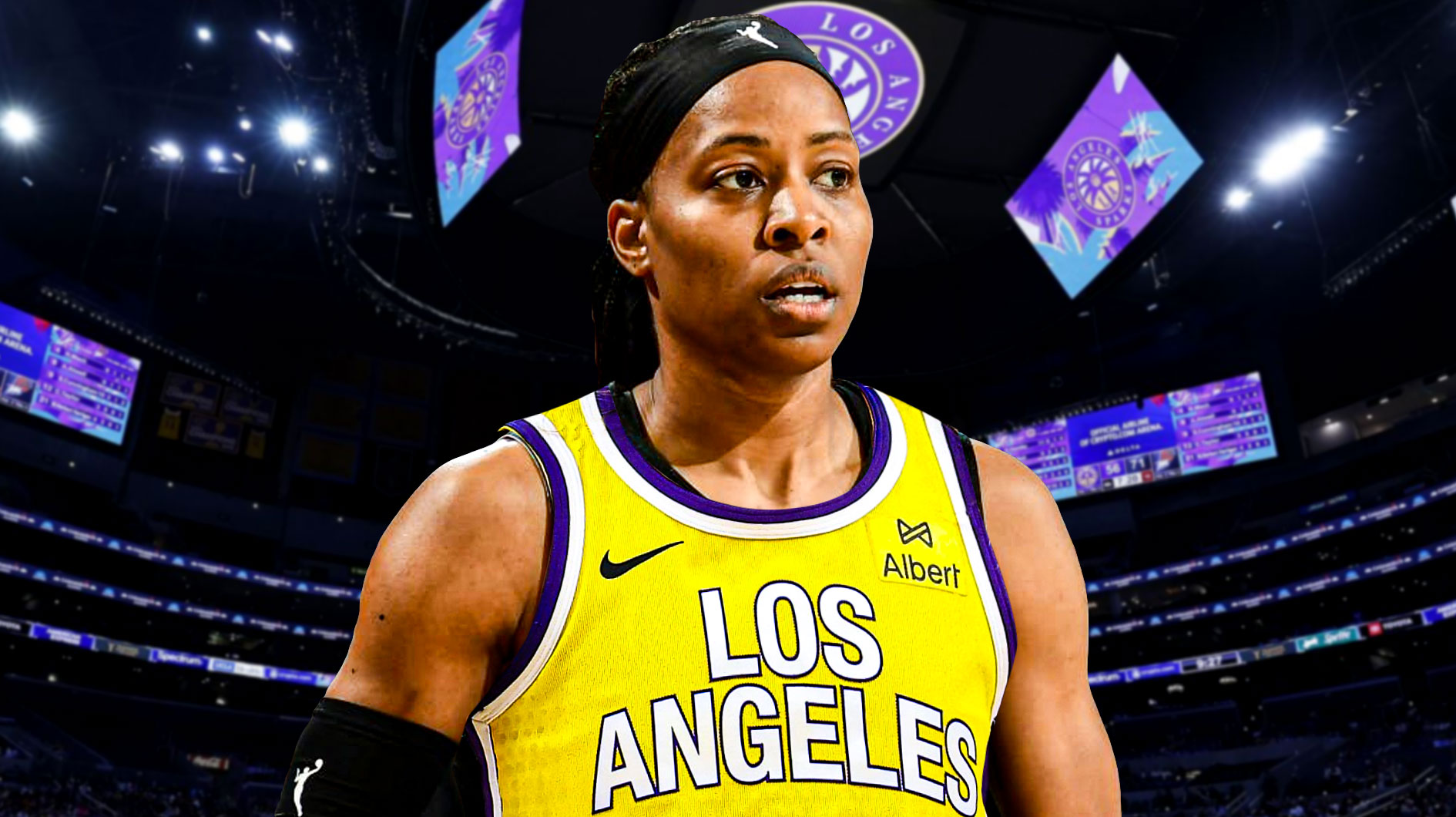 WNBA player Shey Peddy in a LA Sparks jersey with the LA Sparks arena in the background, hardship contract