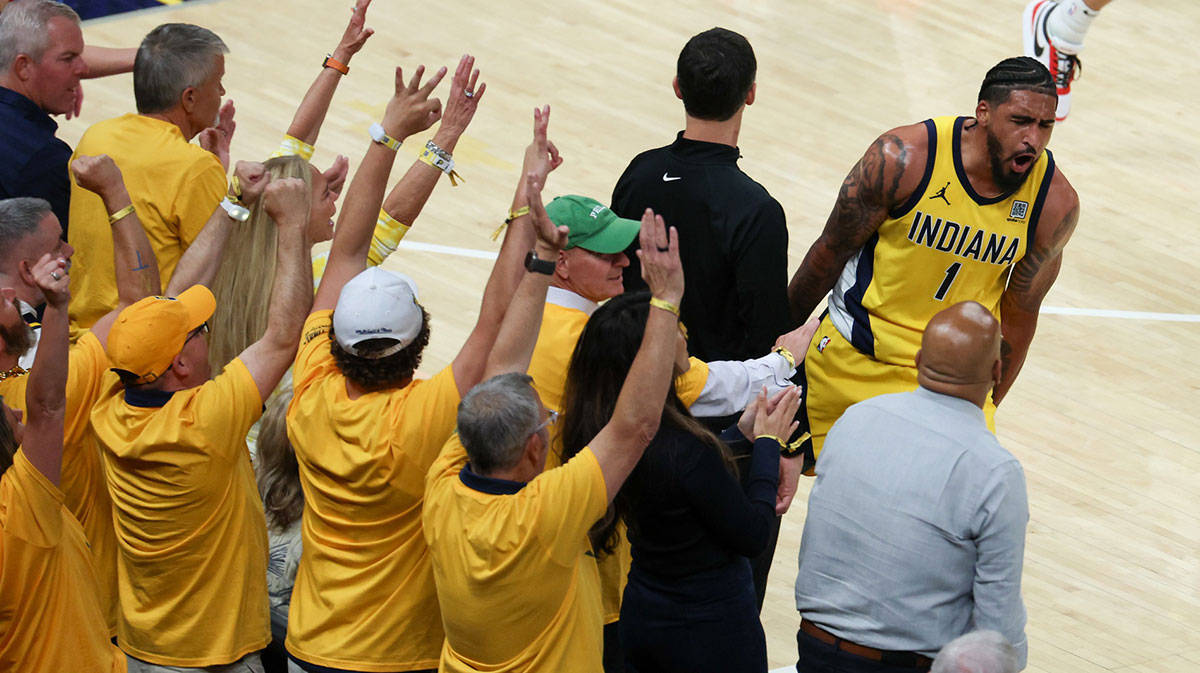 Indiana Pacers forward Obi Toppin (1) celebrates in the third quarter during game six of the 2025 NBA Finals against the Oklahoma City Thunder at Gainbridge Fieldhouse.