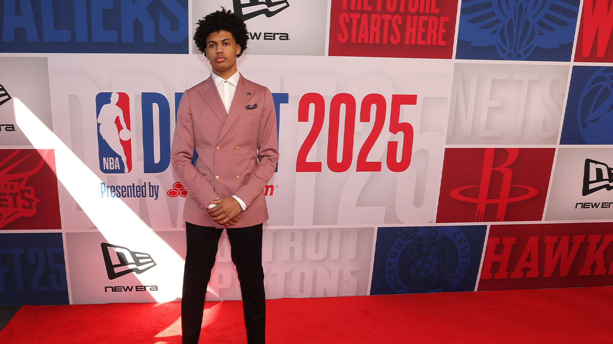 Joan Beringer arrives before the first round of the 2025 NBA Draft at Barclays Center.