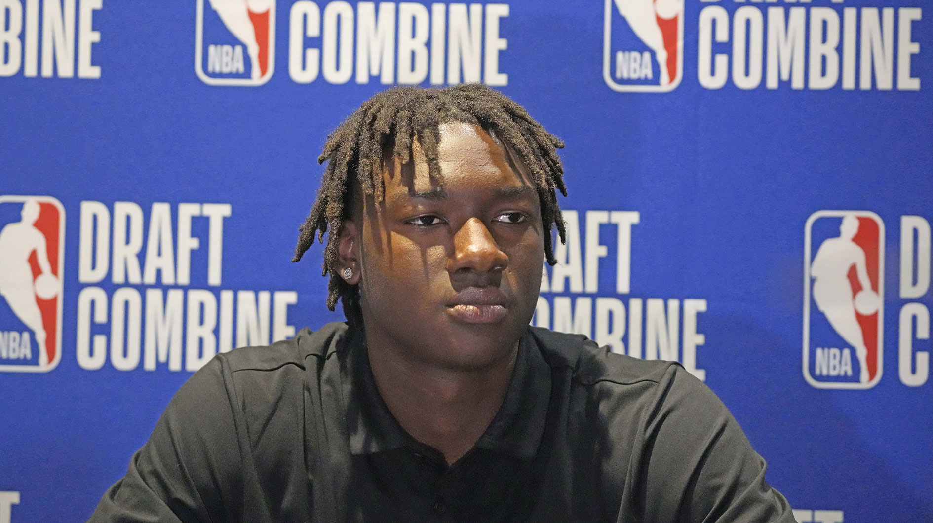 Adou Thiero talks to the media during the 2025 NBA Draft Combine at Marriott Marquis Chicago.