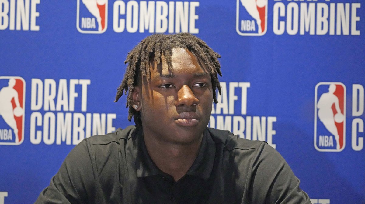 Adou Thiero talks to the media during the 2025 NBA Draft Combine at Marriott Marquis Chicago.