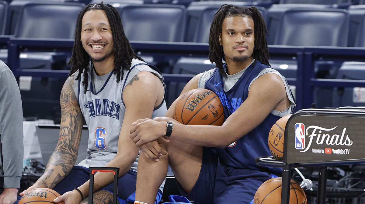 Oklahoma City Thunder forward Jaylin Williams (6) and forward Dillon Jones (3) during NBA Finals Media Day at Paycom Center.