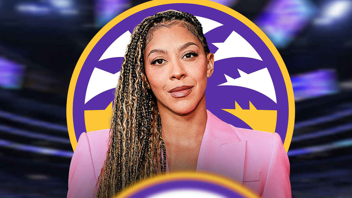 A current/recent image of WNBA player Candace Parker with the LA Sparks logo in the background, jersey retirement WNBA