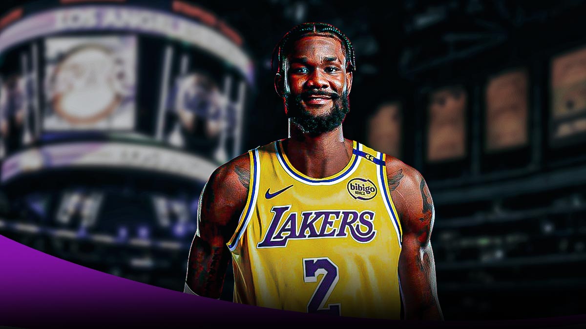 NBA player Deandre Ayton in a LA Lakers jersey with the LA Lakers arena in the background, Deandre Ayton free agency contract buyout