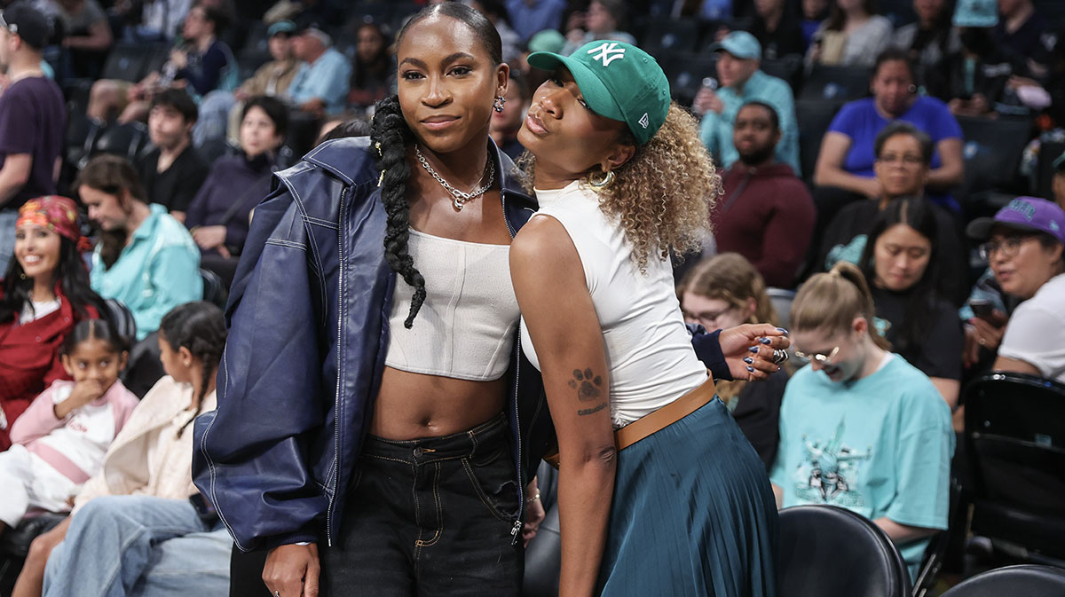 Professional tennis player Coco Gauff (l) and journalist Arielle Chambers (r) prior to the game between the Chicago Sky and the New York Liberty at Barclays Center.