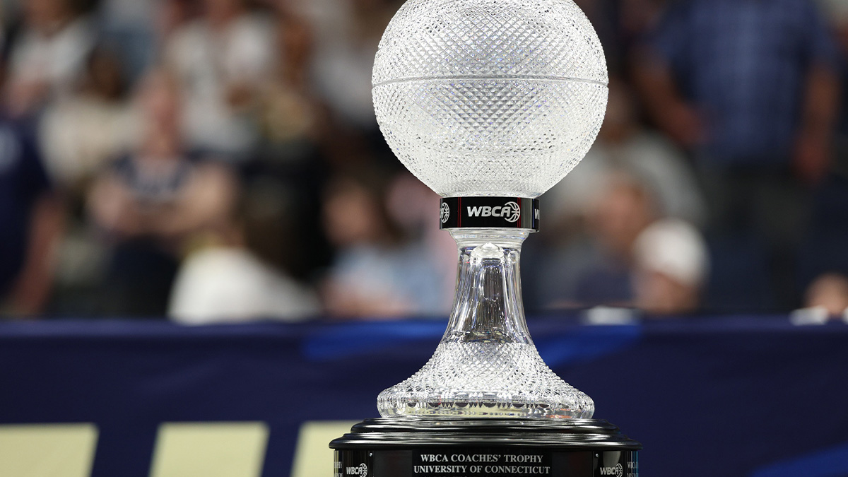The NCAA WBCA Coaches’ trophy is seen after the national championship of the women's 2025 NCAA tournament against the South Carolina Gamecocks at Amalie Arena.