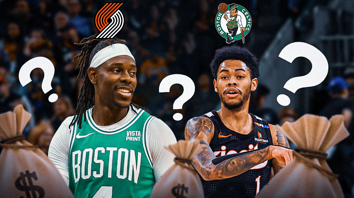 Celtics and Blazers trade involving Anfernee Simons and Jrue Holiday with question marks and money.