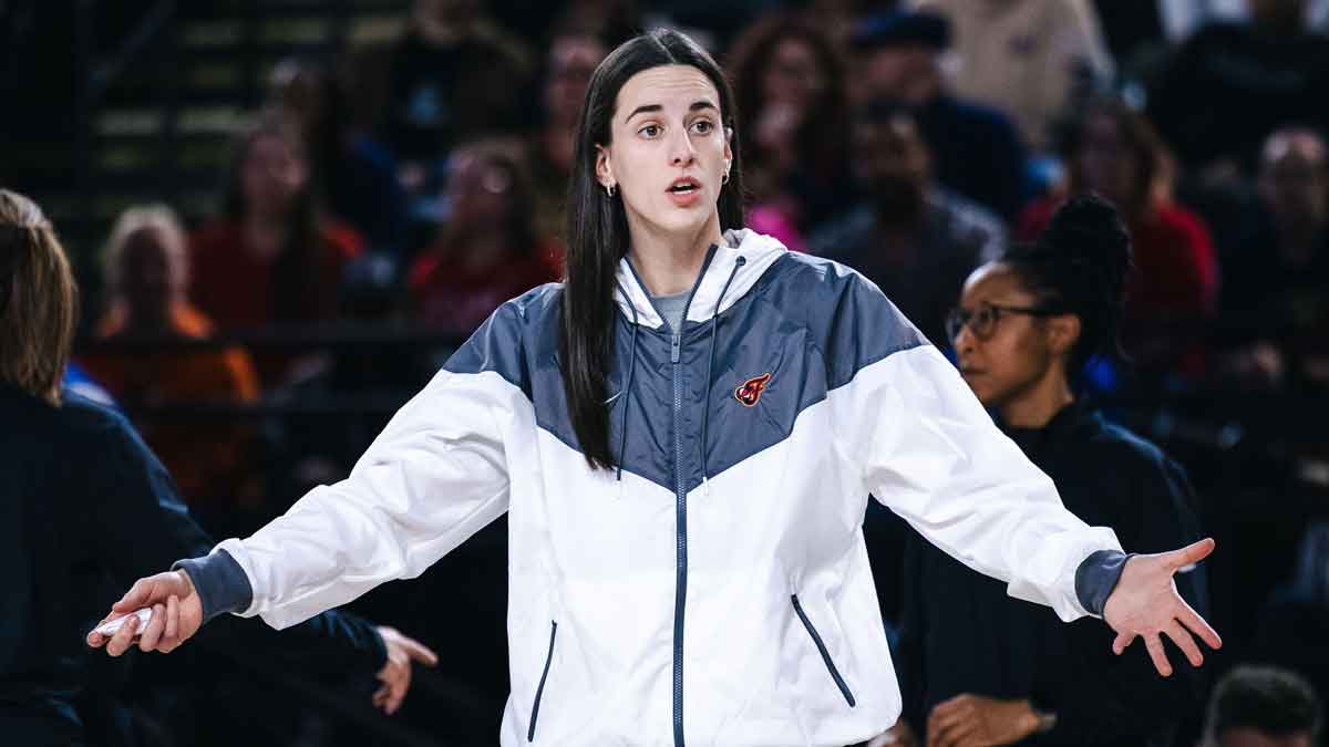 ndiana Fever guard Caitlin Clark reacts during a timeout in the second half against the Washington Mystics at Entertainment & Sports Arena.